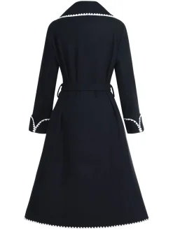New Retro Stage 1940s Embroidered Lapel Pocket Belted Coat Black