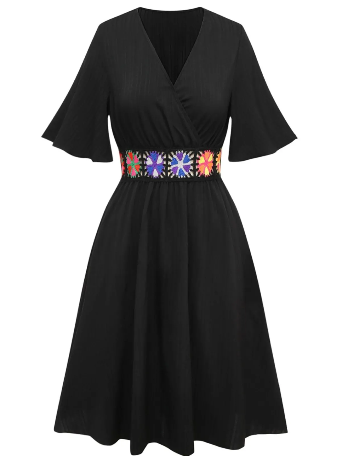 New Retro Stage 1940s Embroidery Boho V-Neck Dress Black