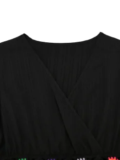 New Retro Stage 1940s Embroidery Boho V-Neck Dress Black