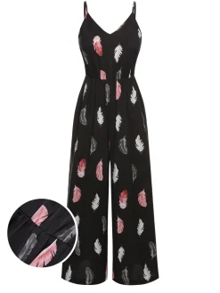 Hot Retro Stage 1930s Feather Print Spaghetti Strap Jumpsuit Black