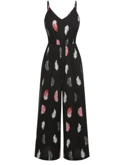 Hot Retro Stage 1930s Feather Print Spaghetti Strap Jumpsuit Black