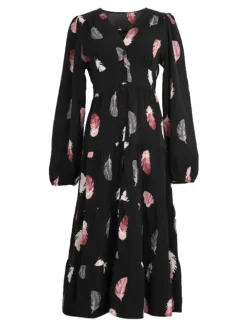 Outlet Retro Stage 1930s Feather V-Neck Buttoned Dress Black