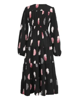 Outlet Retro Stage 1930s Feather V-Neck Buttoned Dress Black