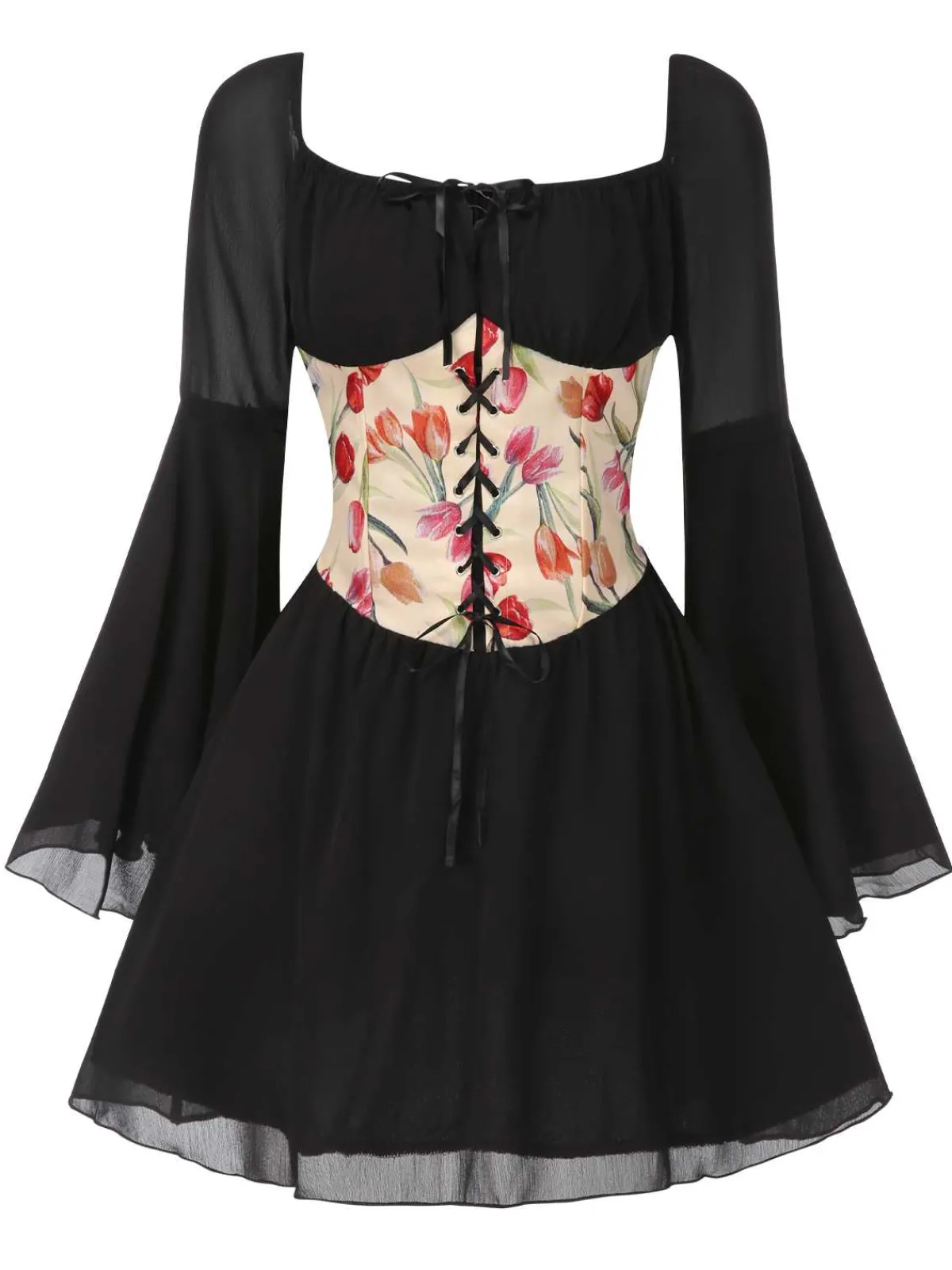 Outlet Retro Stage 1960s Flare Sleeve Floral Corset Mini Dress Black