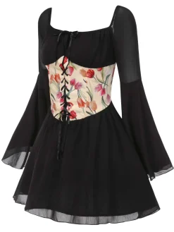 Outlet Retro Stage 1960s Flare Sleeve Floral Corset Mini Dress Black
