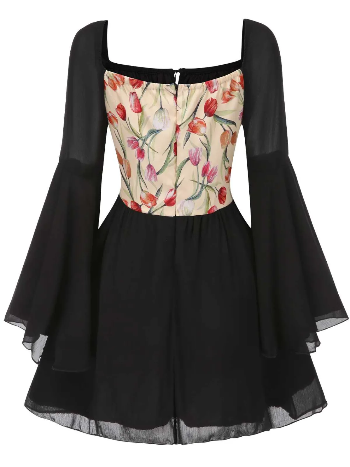 Outlet Retro Stage 1960s Flare Sleeve Floral Corset Mini Dress Black