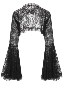 Online Retro Stage 1970s Flare Sleeved Lace Sheer Cape Black