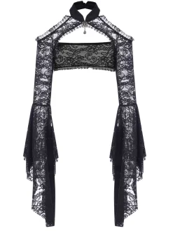 Outlet Retro Stage 1960s Flare Sleeved Lace Rhinestone Sheer Cape Black