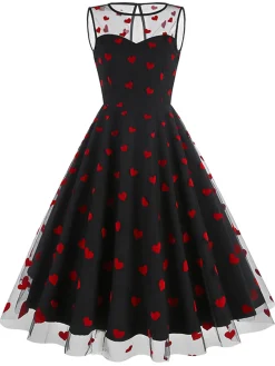 Online Retro Stage Black 1950s Flocked Heart Mesh Patchwork Dress