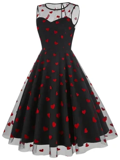 Online Retro Stage Black 1950s Flocked Heart Mesh Patchwork Dress