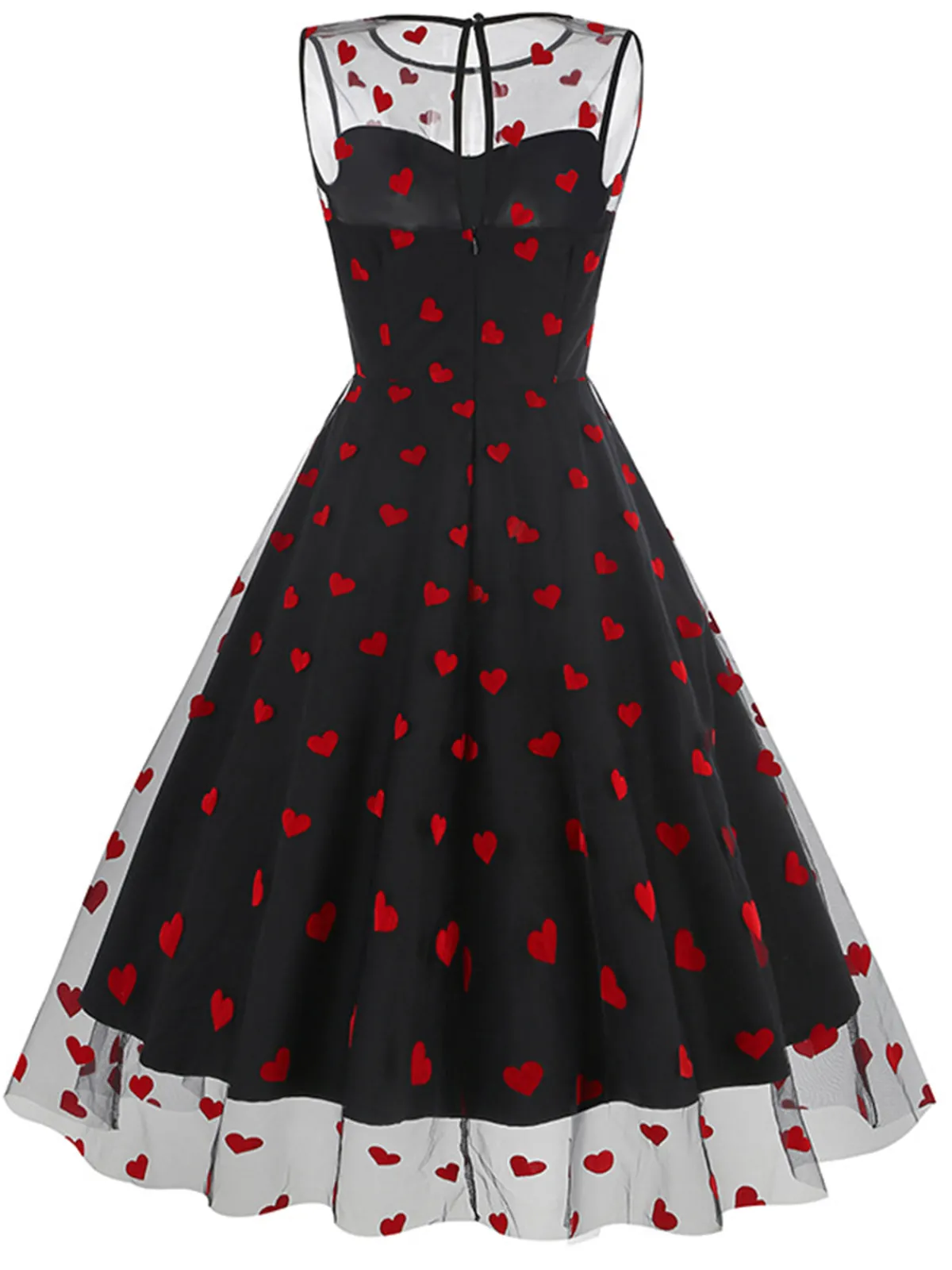 Online Retro Stage Black 1950s Flocked Heart Mesh Patchwork Dress