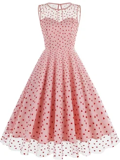 Online Retro Stage Black 1950s Flocked Heart Mesh Patchwork Dress