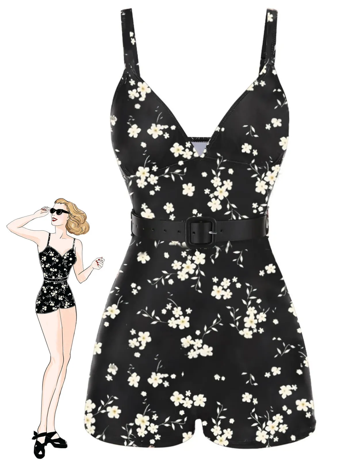 Hot Retro Stage Black 1940s Floral Boxer Straps Swimsuit