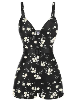 Hot Retro Stage Black 1940s Floral Boxer Straps Swimsuit
