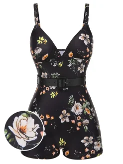 Hot Retro Stage Black 1940s Floral Boxer Straps Swimsuit