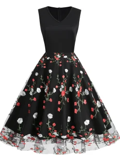 Hot Retro Stage 1950s Floral Embroidered Patchwork Dress Black