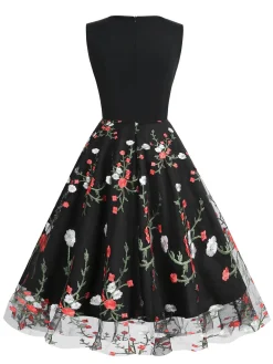 Hot Retro Stage 1950s Floral Embroidered Patchwork Dress Black
