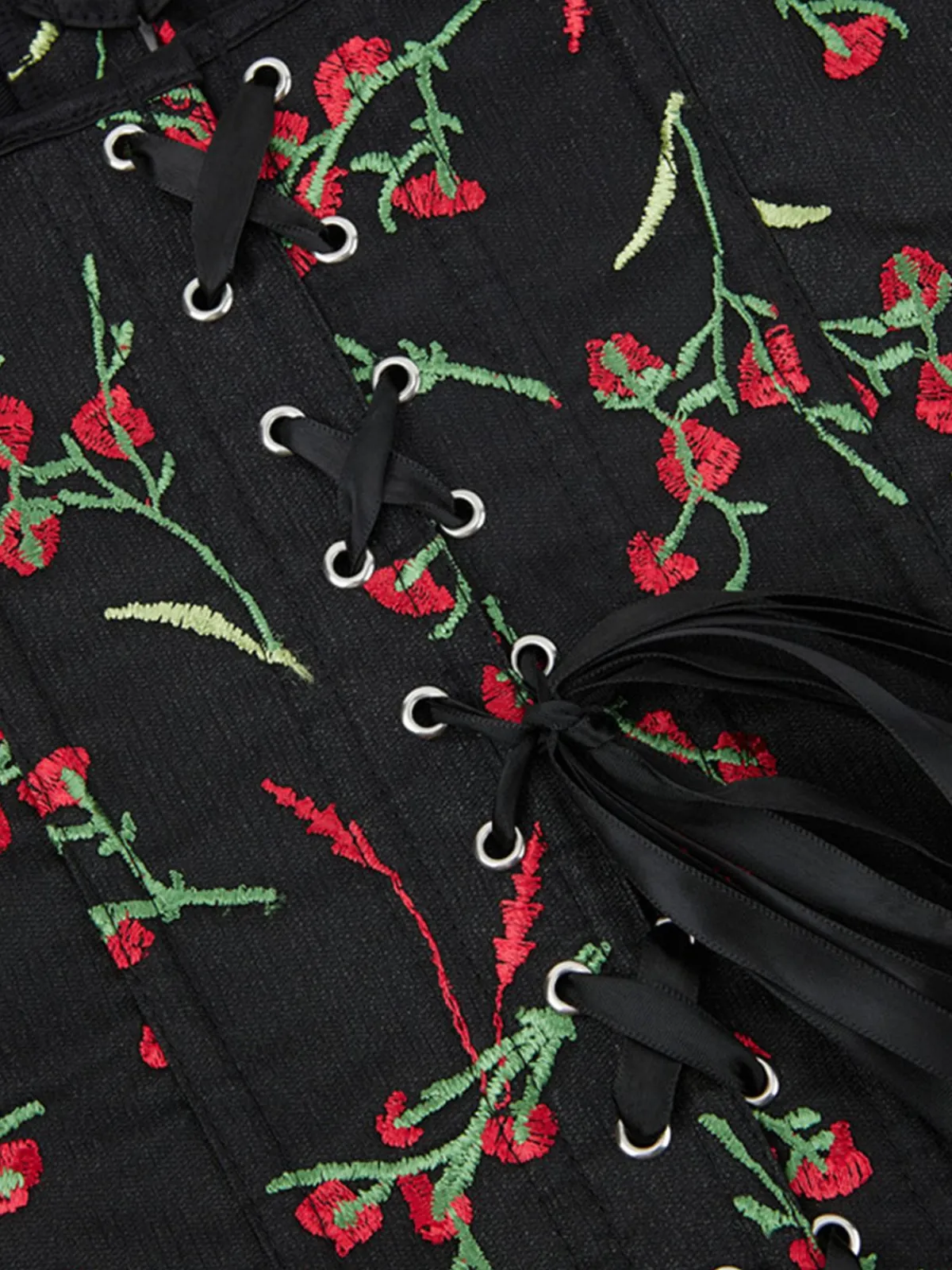 Clearance Retro Stage 1970s Floral Embroidered Corset Top Black