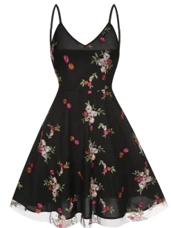 Outlet Retro Stage 1970s Floral Embroidered Mesh Strap Dress Black