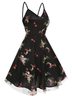 Outlet Retro Stage 1970s Floral Embroidered Mesh Strap Dress Black