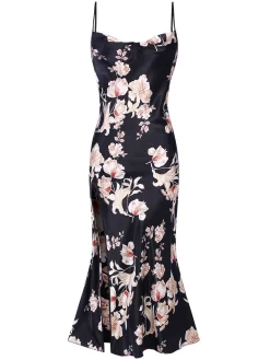 Outlet Retro Stage 1930s Floral Faux Satin Straps Nightgown Black