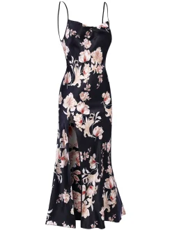 Outlet Retro Stage 1930s Floral Faux Satin Straps Nightgown Black