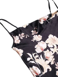 Outlet Retro Stage 1930s Floral Faux Satin Straps Nightgown Black