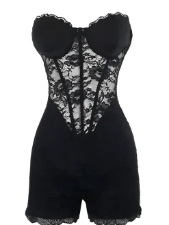 Clearance Retro Stage 1960s Floral Lace Bandeau Romper Black