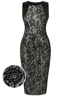 Online Retro Stage 1960s Floral Lace Slit Sleeveless Dress Black