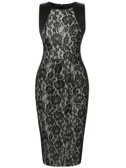 Online Retro Stage 1960s Floral Lace Slit Sleeveless Dress Black