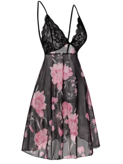 Sale Retro Stage 1960s Floral Lace Straps Nightdress Black