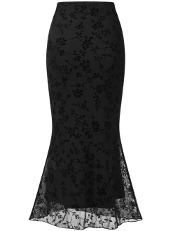 Outlet Retro Stage 1930s Floral Mesh Mermaid Skirt Black