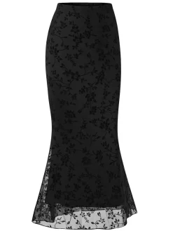 Outlet Retro Stage 1930s Floral Mesh Mermaid Skirt Black