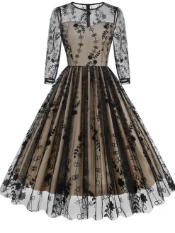 Hot Retro Stage 1950s Floral Mesh Patchwork Dress Black