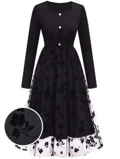 Fashion Retro Stage 1950s Floral Mesh Patchwork Dress Black