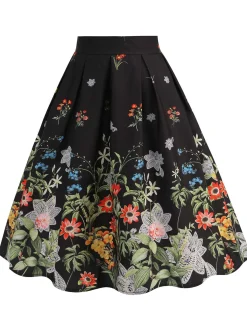 Best Retro Stage 1950s Floral Pleated Swing Skirt Black
