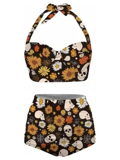 Hot Retro Stage 1950s Floral Print Lace-Up Halter Swimsuit Black