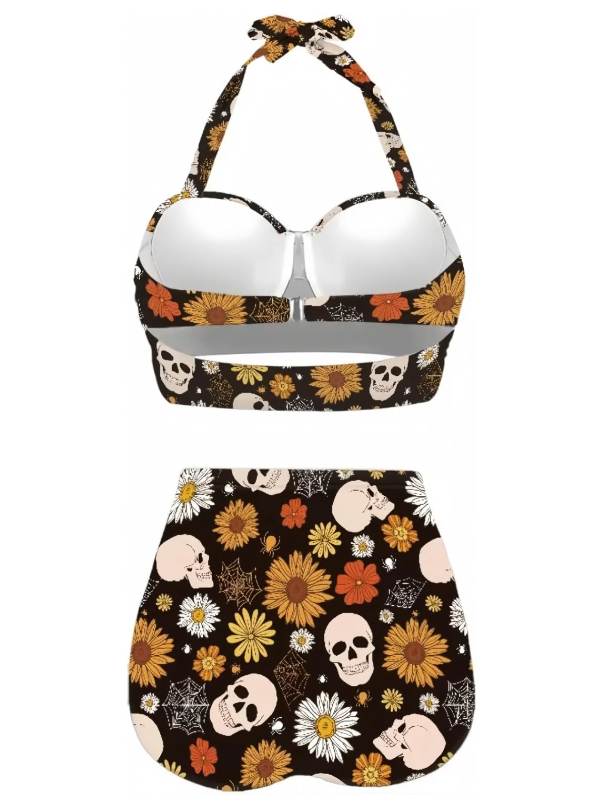 Hot Retro Stage 1950s Floral Print Lace-Up Halter Swimsuit Black