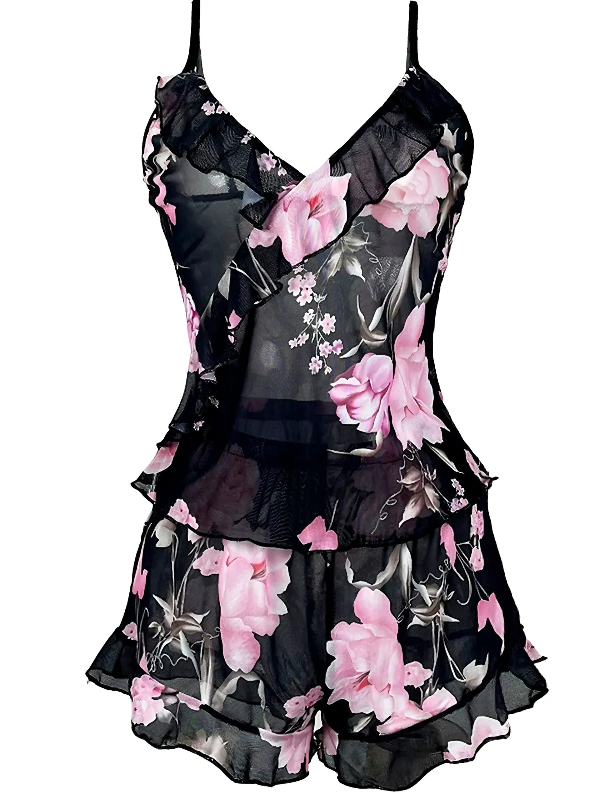 Discount Retro Stage 1930s Floral Ruffled V-Neck Pajama Set Black