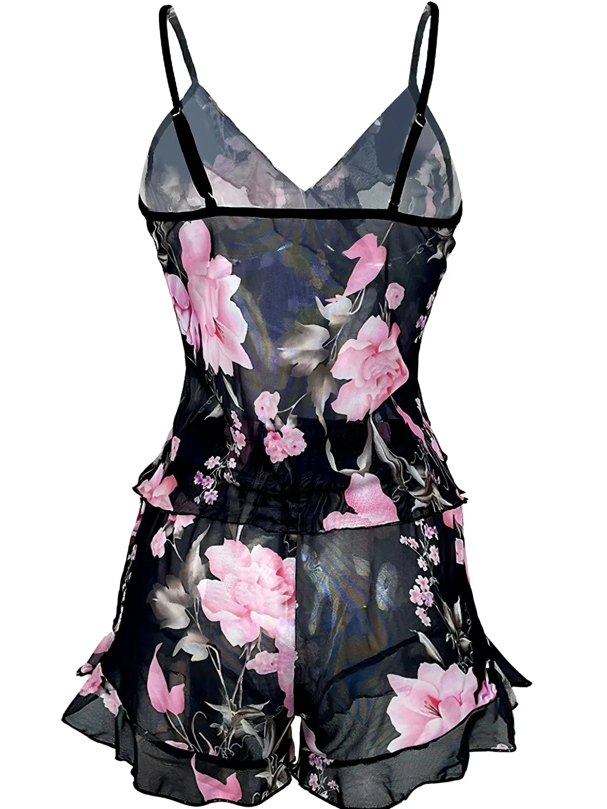 Discount Retro Stage 1930s Floral Ruffled V-Neck Pajama Set Black