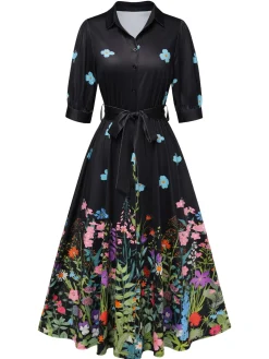 Discount Retro Stage Black 1940s Floral Shirt Neck Belt Dress