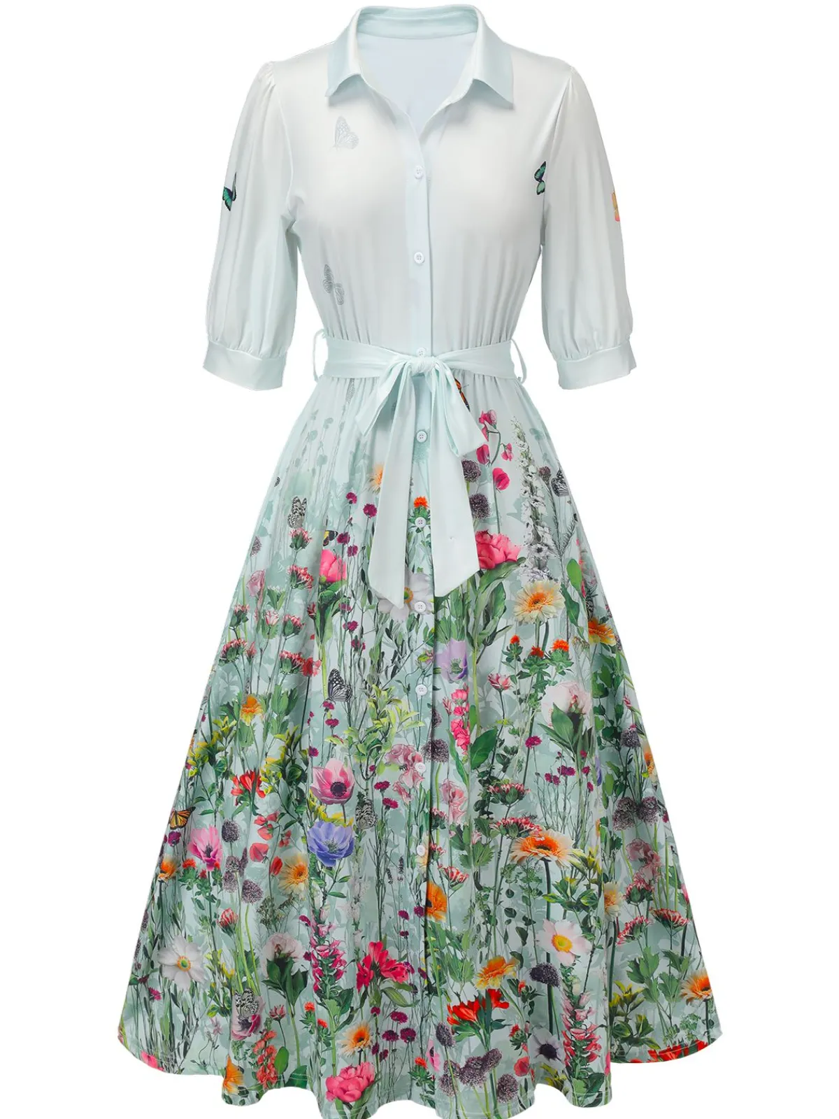 Discount Retro Stage Black 1940s Floral Shirt Neck Belt Dress