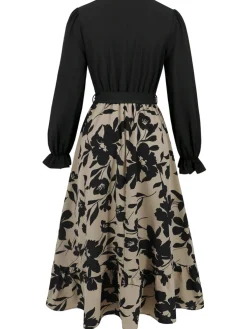 Clearance Retro Stage 1940s Floral Silhouette Long Sleeved Dress Black