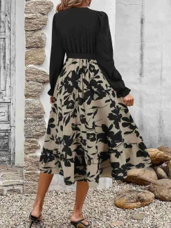 Clearance Retro Stage 1940s Floral Silhouette Long Sleeved Dress Black