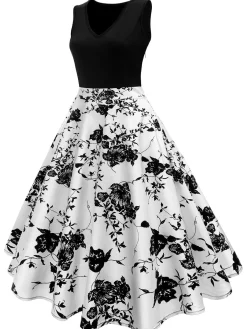 Discount Retro Stage Black 1950s Floral Swing Dress