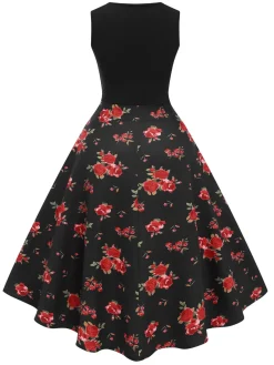 Discount Retro Stage Black 1950s Floral Swing Dress