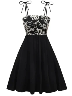 Clearance Retro Stage 1950s Floral Textured Spaghetti Straps Dress Black