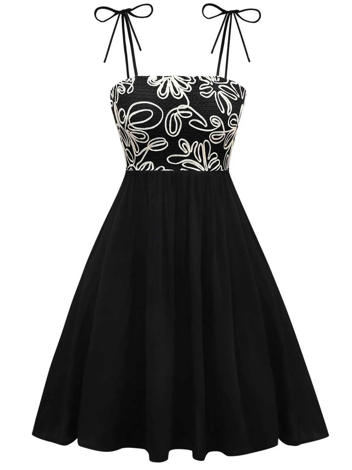 Clearance Retro Stage 1950s Floral Textured Spaghetti Straps Dress Black