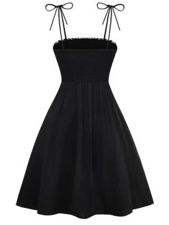 Clearance Retro Stage 1950s Floral Textured Spaghetti Straps Dress Black