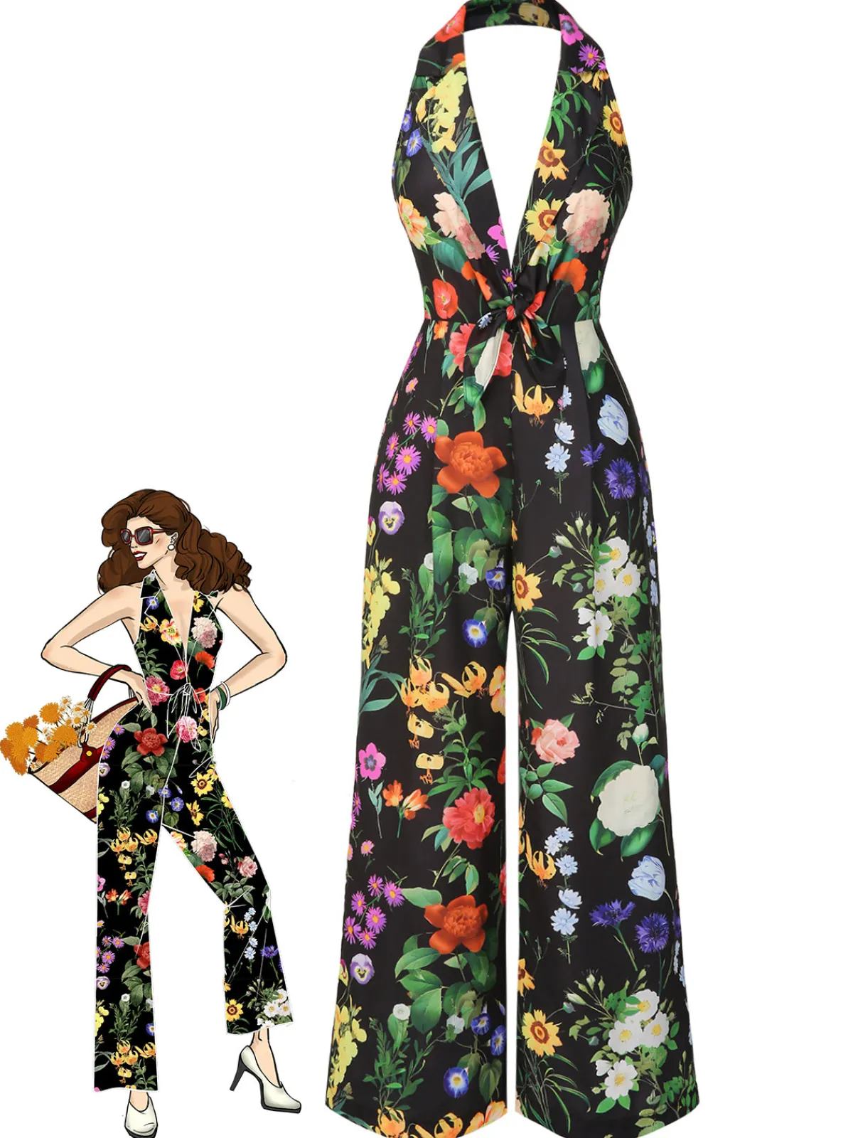 Clearance Retro Stage 1930s Floral V-Neck Halter Jumpsuit Black